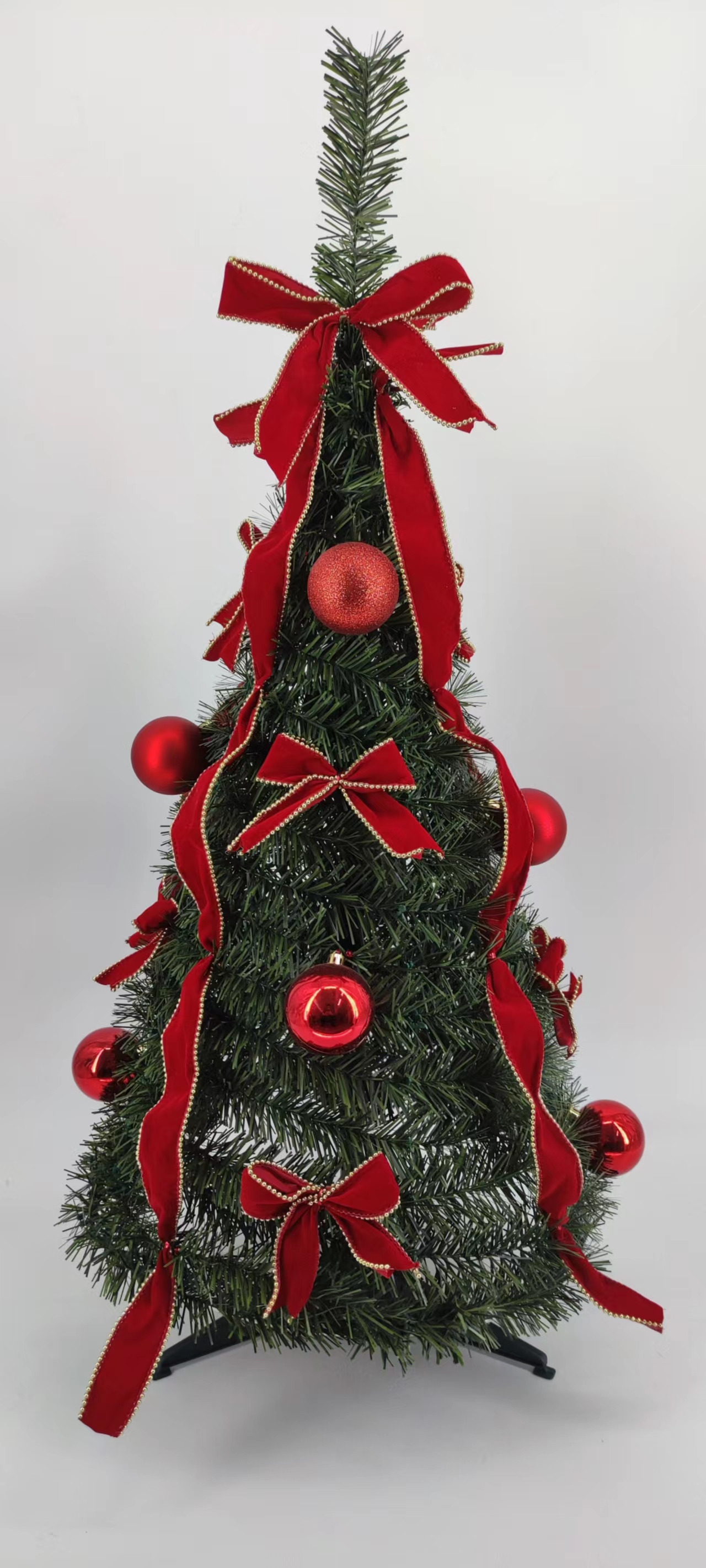 圣诞绿迷你树‘带铁脚架+红球/红丝带