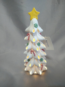 白色圣诞树，带红色糖果和绿色圆形装饰品| 8cm宽度×21厘米高度|黄星顶|内部10列的温暖白灯