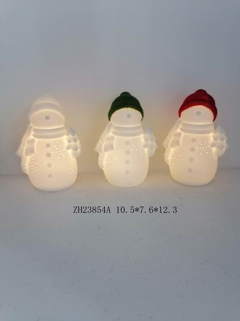 带白色/绿色/红色帽子灯的瓷质雪人 - 14