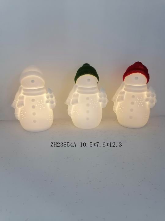 带白色/绿色/红色帽子灯的瓷质雪人 - 14
