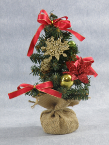 圣诞绿色迷你树+金球/闪光松果/红花/红带