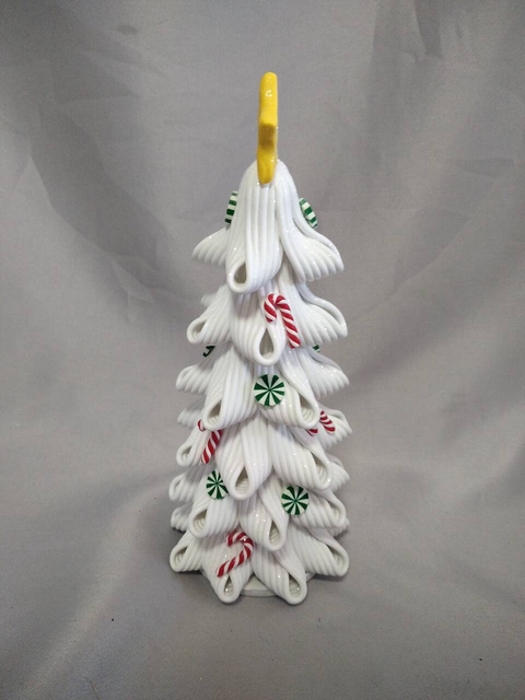 白色圣诞树，带红色糖果和绿色圆形装饰品| 8cm宽度×21厘米高度|黄星顶|内部10列的温暖白灯