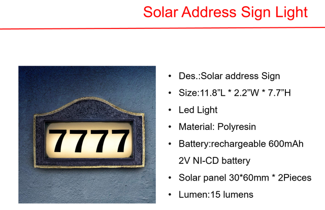 太阳能 LED 铜塑料邮政和地址标志灯