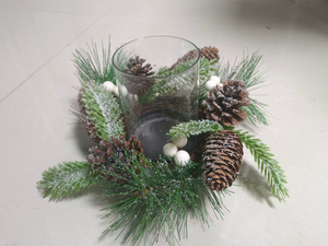 烛台杯 玻璃烛台松果带雪绿叶和白球 - 2