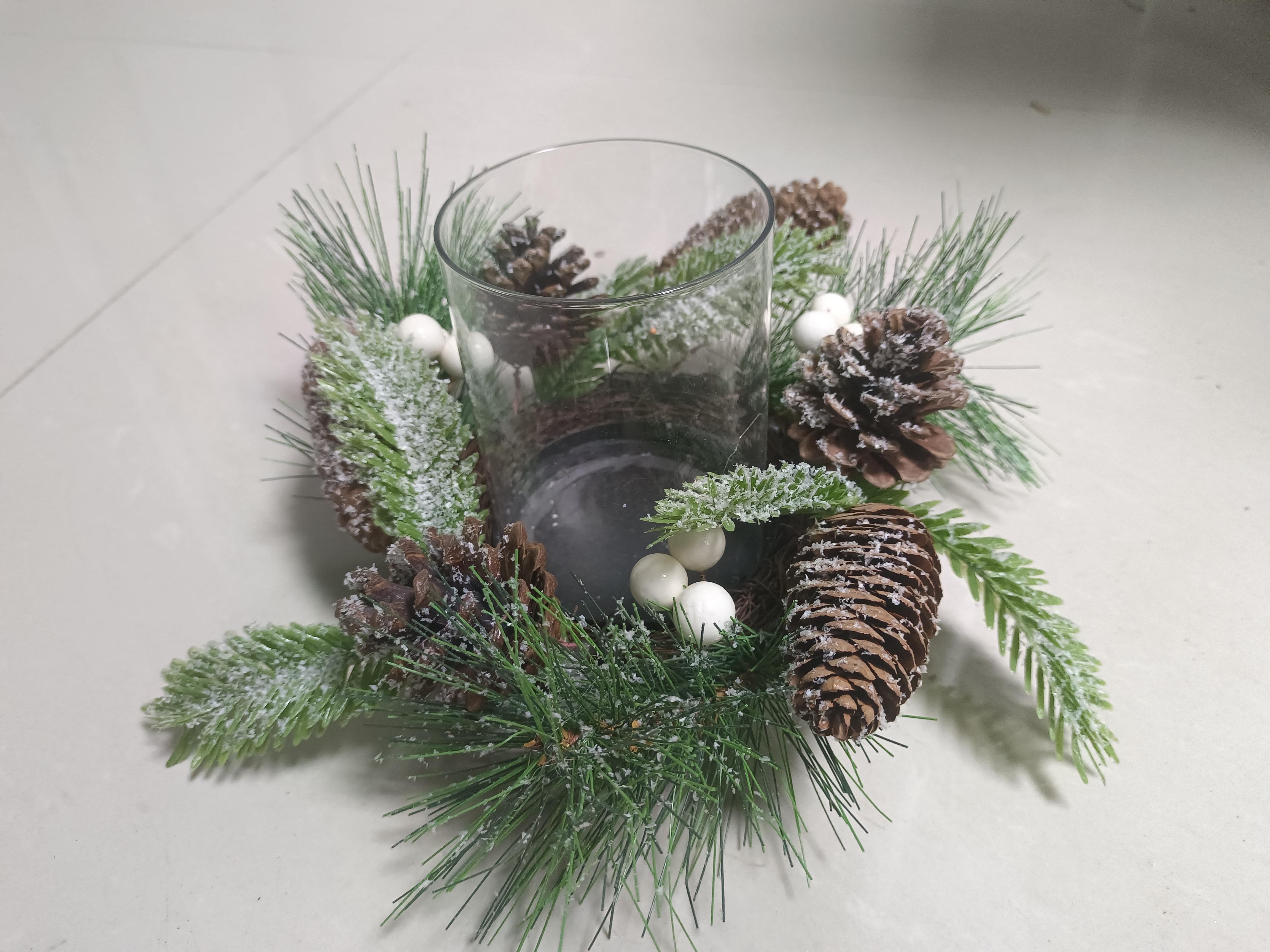 烛台杯 玻璃烛台松果带雪绿叶和白球 - 2