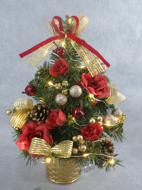 圣诞绿色迷你树带盆+彩球/松果/花/丝带 