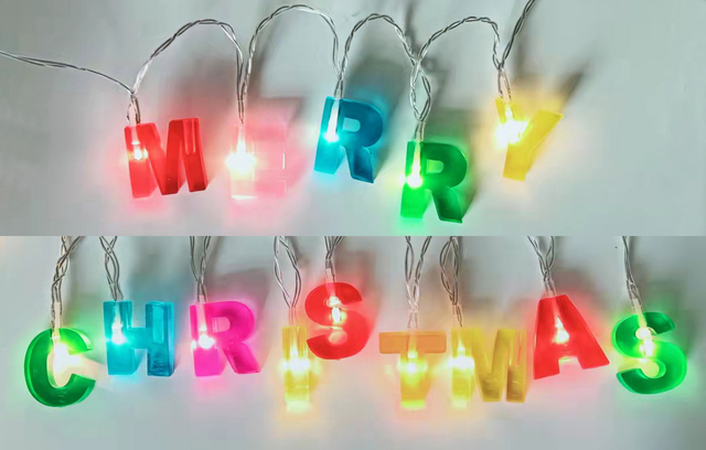 MC字母灯弦带有PVC “ Merry ”&“圣诞节”字母，10厘米的灯泡间距，节日假期LED室内/室外使用装饰