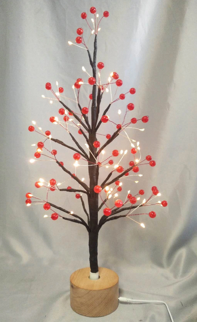 60厘米红圆珠干的树灯，带有木制旋转底座