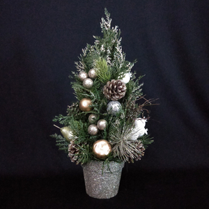圣诞绿迷你树+植绒+镀金球/松果