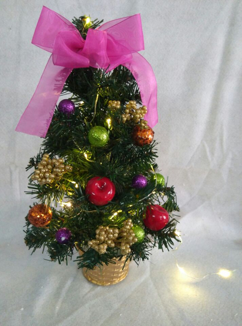 圣诞绿色迷你树+彩球/水果/丝带