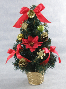 圣诞绿色迷你树 + 闪光彩球/松果/红带