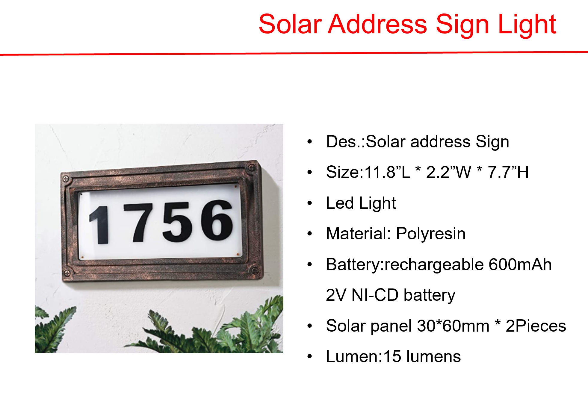 太阳能 LED 塑料柱灯和地址标志灯