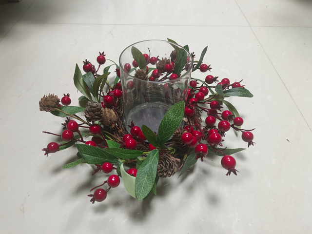 烛台杯 玻璃杯绿叶红球和松果 - 6