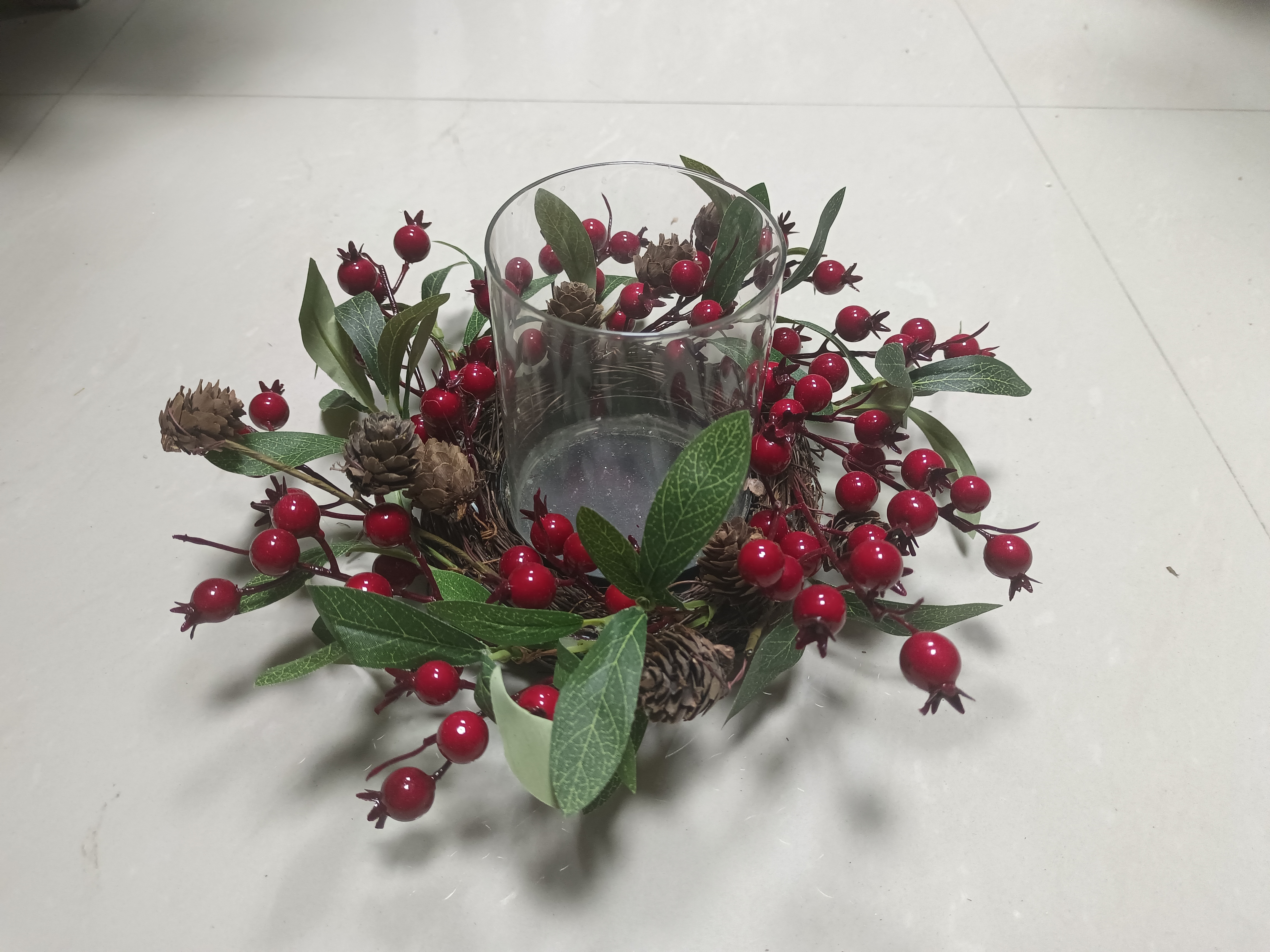 烛台杯 玻璃杯绿叶红球和松果 - 6