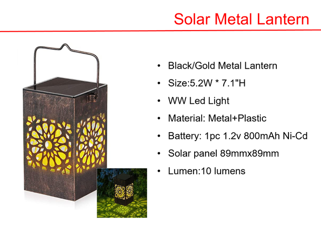 太阳能 LED 方形壁灯和黑色/金色金属灯笼灯