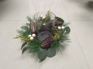 带雪和绿叶白球 玻璃烛台松果 - 3