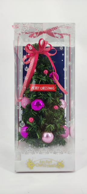 圣诞绿色迷你树+白色底座+球/玫红丝带