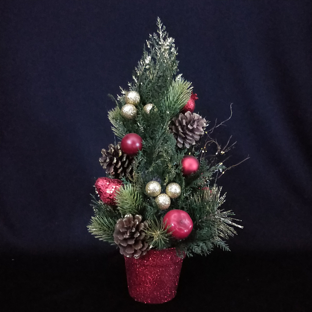 圣诞绿迷你树+植绒+彩球/松果