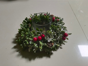 烛台杯 玻璃杯绿叶和雪红球松果 - 4